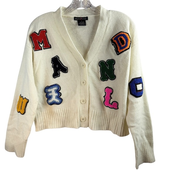 Runway7 Sweaters - Cropped Cream V-Neck Cardigan Sweater Small Preppy Letter Patches Light Academia